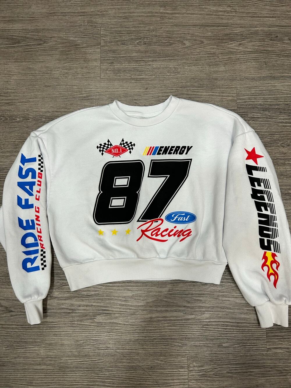 Organic Generation Racing Graphic Crewneck Sweatshirt Cropped White Women's Med